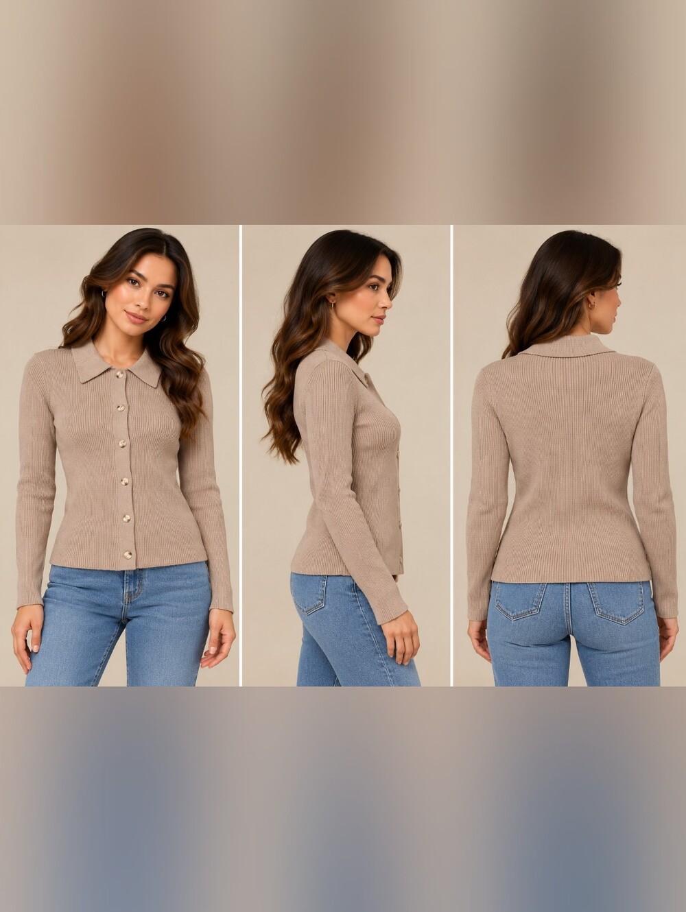 Lumiere Taupe Ribbed Button-Front Women’s Cardigan